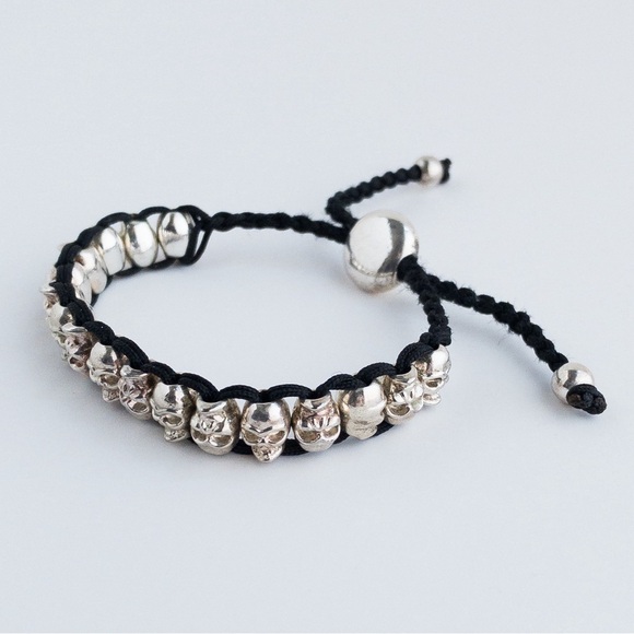 Skeleton Skull Friendship Charm Rope Bracelet Black and Silver Adjustable Unisex - Picture 8 of 13